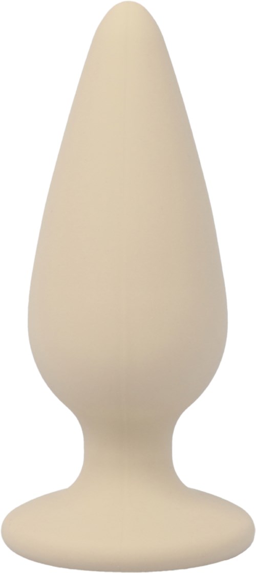 Ein beiger Analplug mit breiter Basis, glatter Oberfläche und spitz zulaufender Form, für Analsex.
