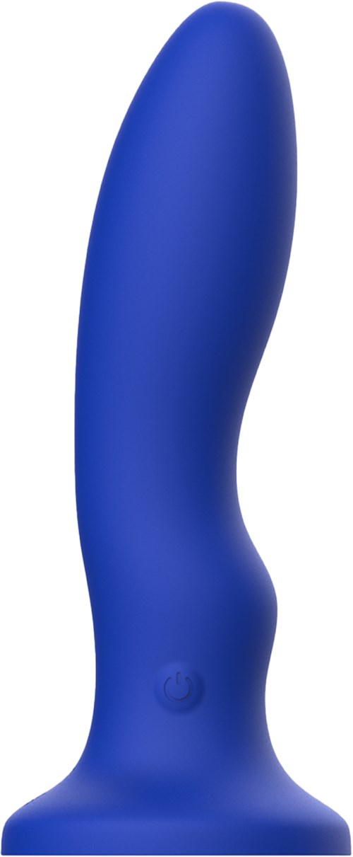 Ein blauer, gebogener Silikonartikel mit einer Kontrolltaste in der Nähe des Sockels.