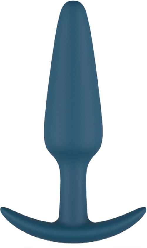 A blue butt plug with a tapered tip and a flared base for safety and stability.