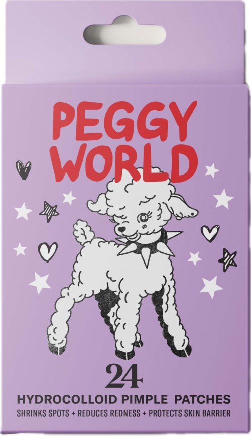 Een paarse doos met een schattig schaap, sterren en hartjes. Titel zegt "Peggy World." Bevat 24 hydrocolloid puistpleisters.