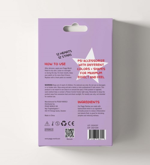 De achterkant van een lilakleurige doos met instructies, waarschuwingen, ingrediënten, fabricagegegevens en een streepjescode.