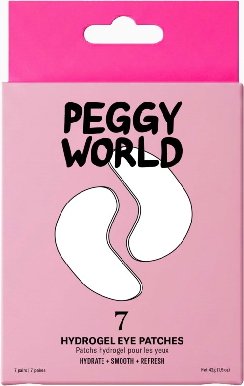 Pink packaging with black and white text and an illustration of hydrogel eye patches. Contains 7 pairs of eye patches.