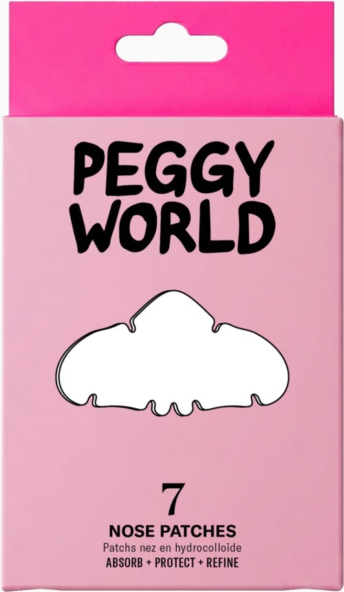 Pink packaging with black text says Peggy World Nose Patches, promoting absorb, protect, and refine skin.