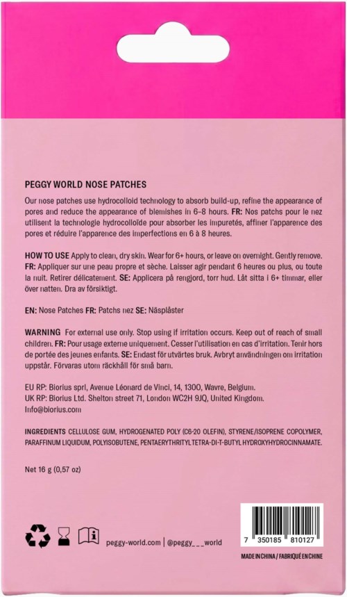 Pink packaging for Peggy World Nose Patches, with instructions and ingredients listed in small black text.