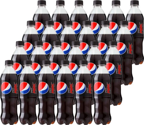 Flera Pepsi Max-flaskor arrangerade i ett mönster med svarta lock och logotyper.