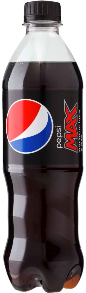 En plastflaska med Pepsi Max läsk med svart etikett och röd, vit och blå logo.