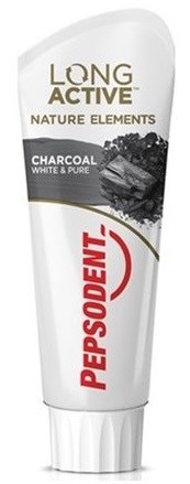 A tube of Pepsodent toothpaste featuring Long Active Nature Elements with charcoal. The design is mainly white with black and red accents.
