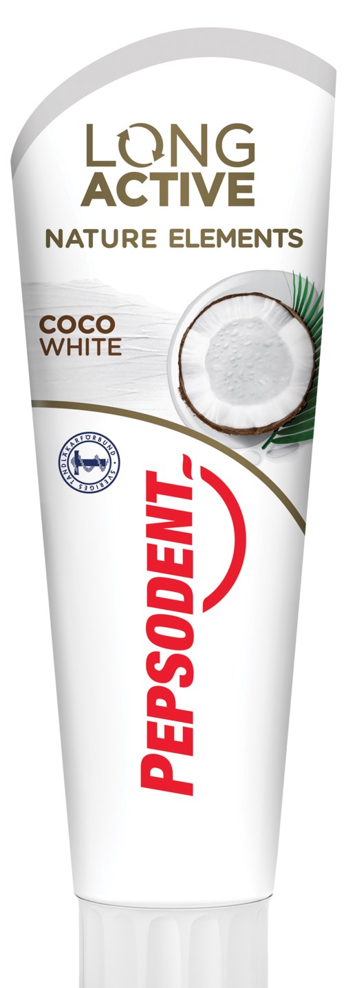 Pepsodent hammast toothpaste, kookosvalkoinen maku, bränding ja tuote tiedot.