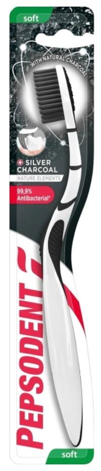 A toothbrush package showing a black and white toothbrush with silver charcoal, labeled 'Pepsodent' and 'soft'.