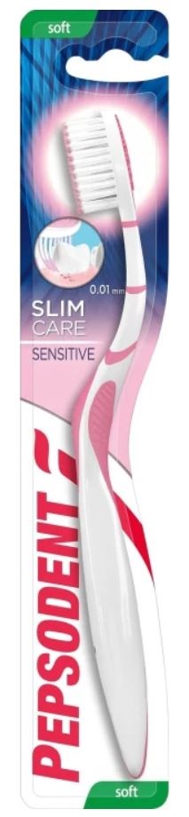 Toothbrush with a pink and white handle, soft bristles, in plastic packaging labeled 'PEPSODENT,' for gentle cleaning.