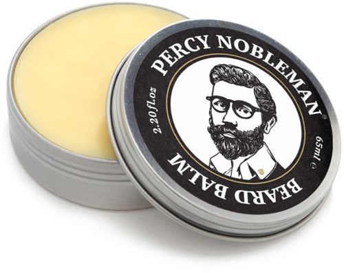 A tin of beard balm with a label featuring a bearded man in glasses and the text 'Percy Nobleman'.