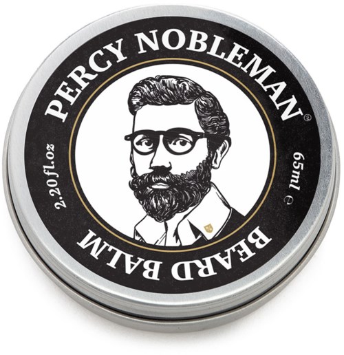 A round tin with a graphic of Percy Nobleman and text about beard balm. It is black, white, and silver.