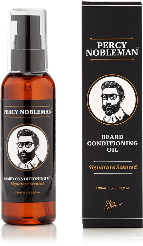 A bottle of beard conditioning oil with a black and white label next to its box. The label features a man's face with glasses.