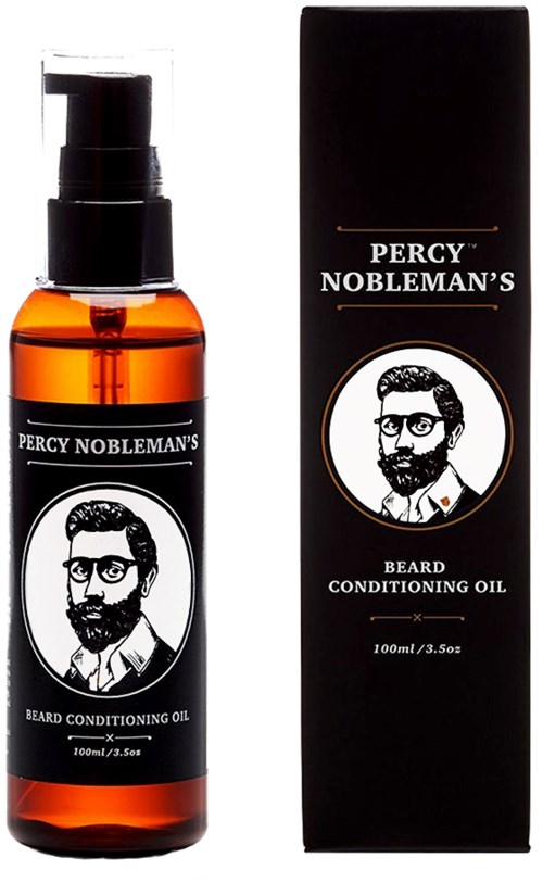 A small amber bottle and a black box, both labeled Percy Nobleman's beard conditioning oil with a bearded man illustration.