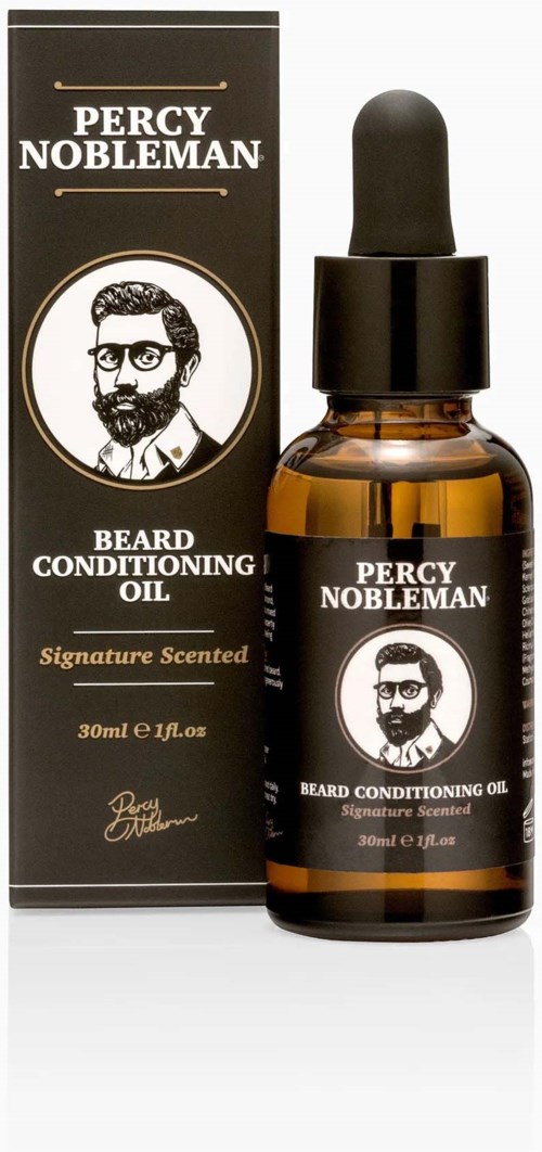 Bottle and box labeled Percy Nobleman beard conditioning oil, signature scent, 30ml.