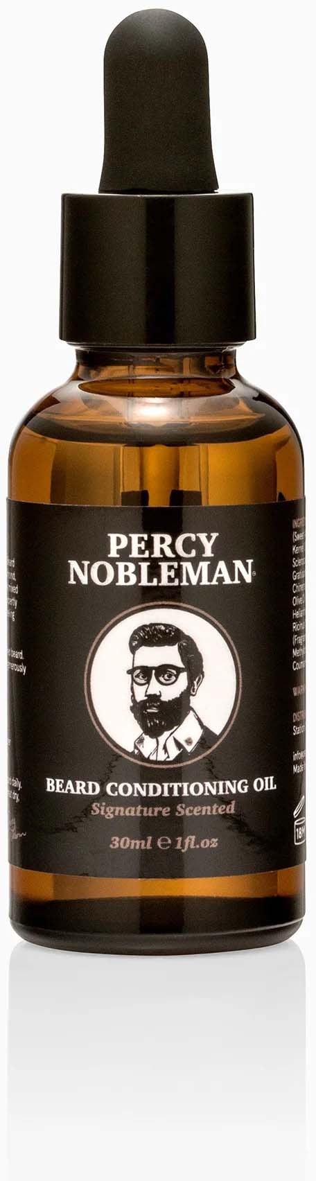 Amber bottle with a black dropper cap, label shows Percy Nobleman beard oil with illustration of a man.