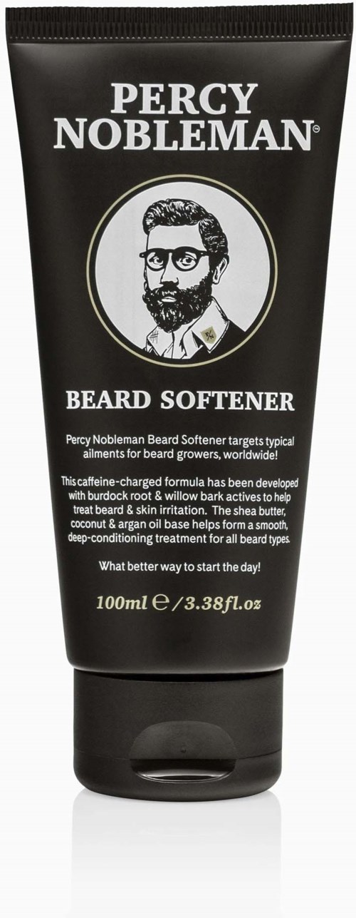 A black tube labeled "Percy Nobleman Beard Softener" with a logo of a bearded man wearing glasses.