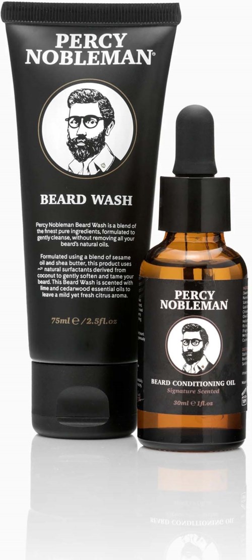 Two Percy Nobleman grooming products: beard wash in tube and beard conditioning oil in dropper bottle.