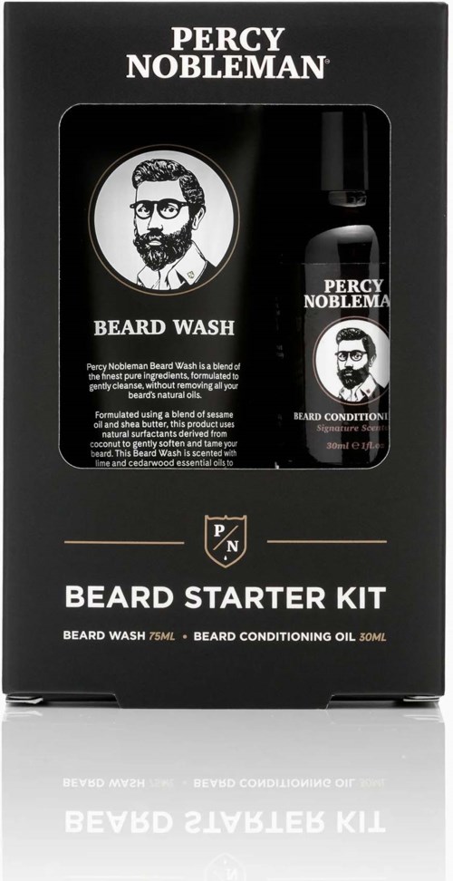 A black box with a beard wash kit including a small bottle, a container, and a label with a bearded man.