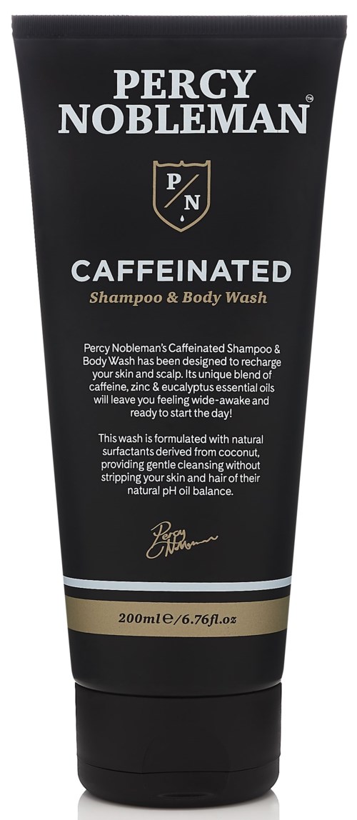 Black tube of Percy Nobleman Caffeinated Shampoo & Body Wash with gold and white text. It includes brand name and product details.