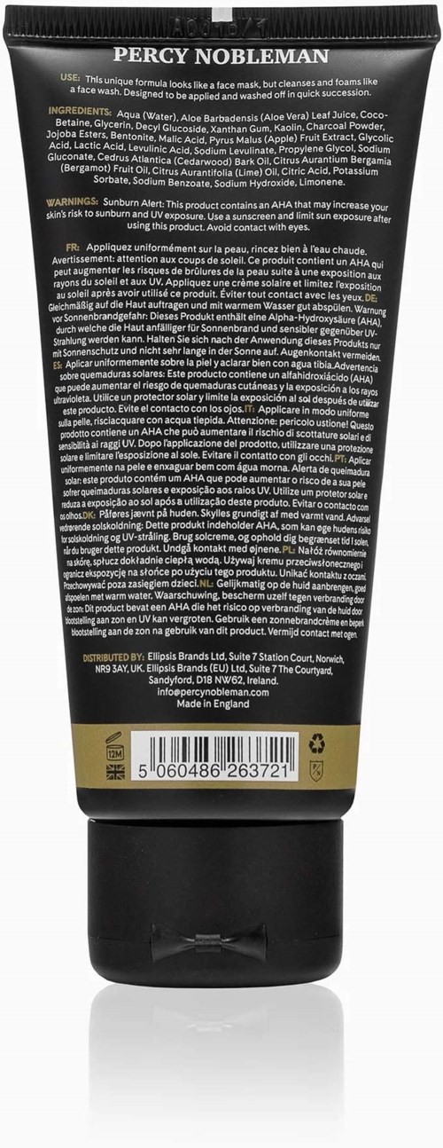 A black tube with a barcode and text, showing ingredients and product information, labeled Percy Nobleman.