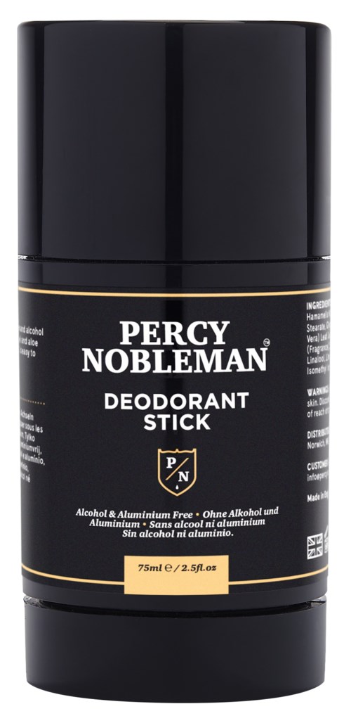 A black deodorant stick container with a white and gold label, displaying the Percy Nobleman brand name.