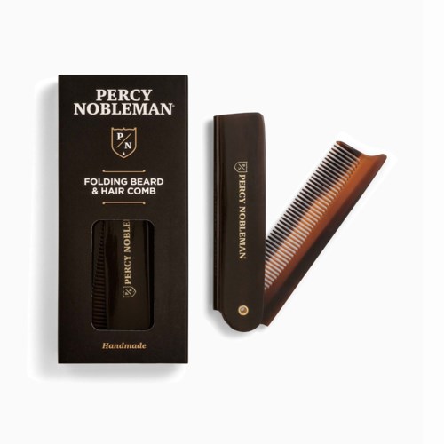 A black box with a comb inside, a black case, and a wide-tooth comb, all branded Percy Nobleman.