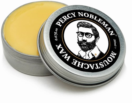 A small tin container of Percy Nobleman moustache wax with a black and white illustrated label.