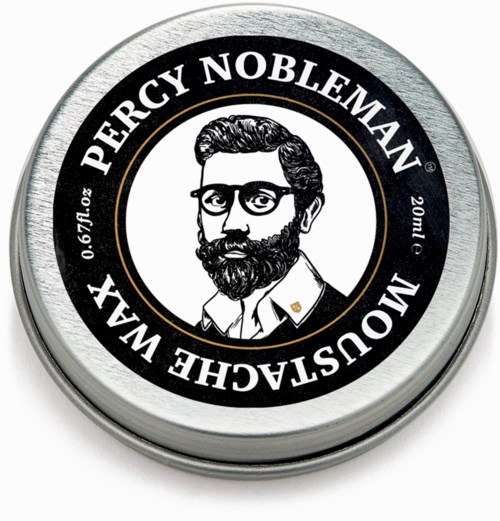 A circular container with a black and silver design features a sketch of a man with glasses and a beard. The label includes names Percy Nobleman and moustache wax.