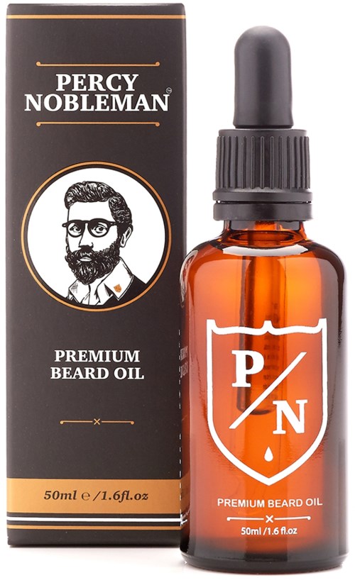 A bottle of Percy Nobleman premium beard oil and its packaging box, both featuring a logo and a bearded illustration.
