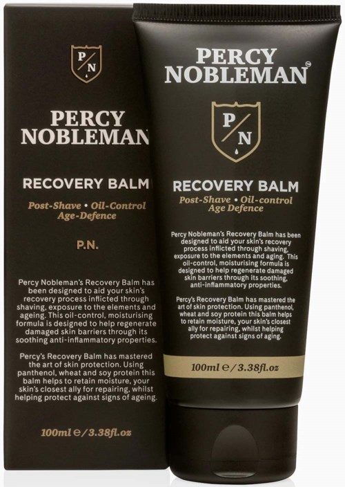 Recovery balm by Percy Nobleman for post-shave skin care with oil control and age defense properties.