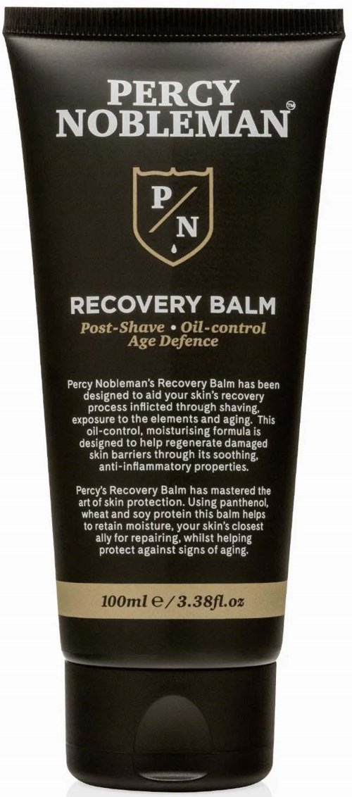 A black tube labeled 'Percy Nobleman Recovery Balm' with white and gold text, designed for skin recovery after shaving.