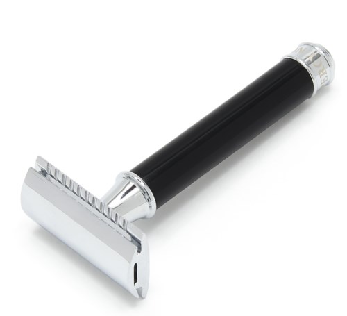 A razor with a black handle and a silver blade sits on a white background.