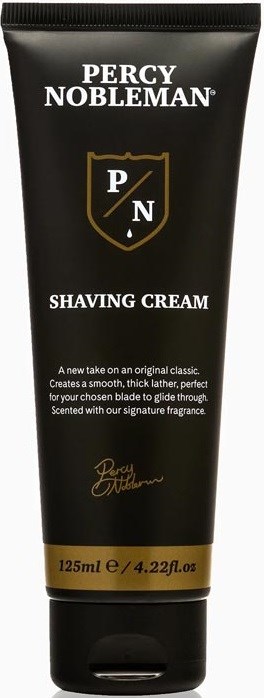 A black tube of Percy Nobleman shaving cream, with gold and white text, stating the brand, product, and details.