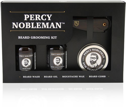 A beard grooming kit with beard wash, oil, moustache wax, beard comb, and a Percy Nobleman label.