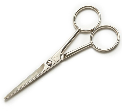 A pair of small, sharp scissors with two round handles. The scissors are made of shiny metal.