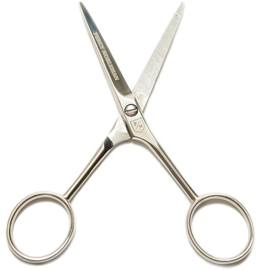 A pair of small scissors with metallic handles and sharp blades, crossed on a plain white background.