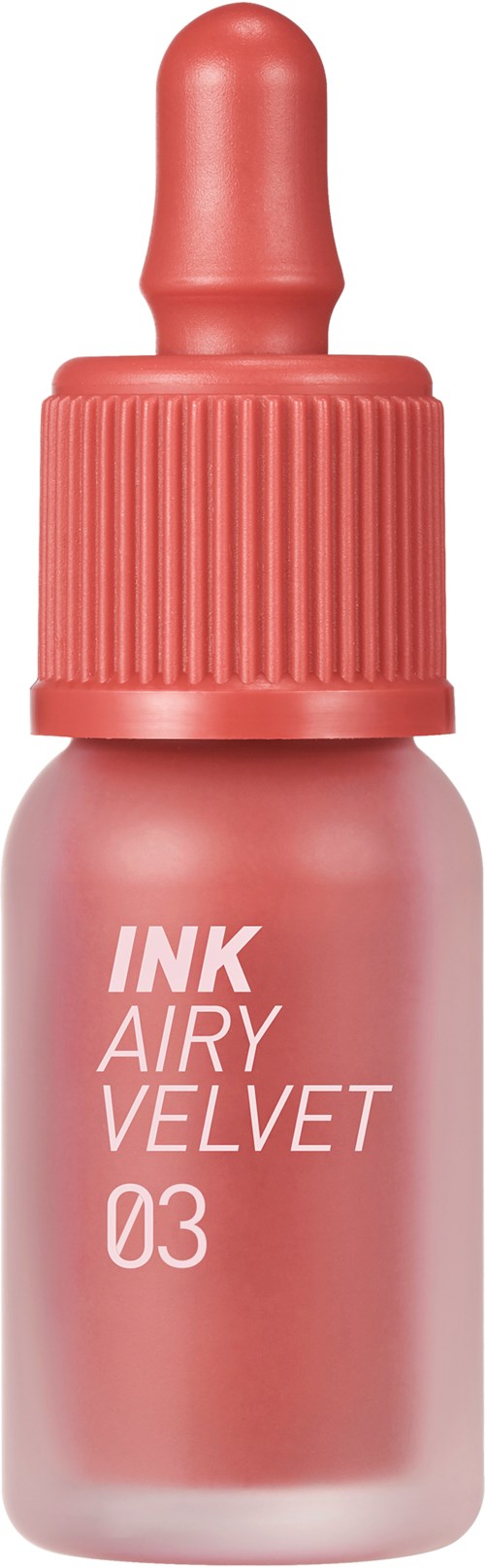Kleine Flasche mit weicher rosa Tinte, mit Tropferkappe und Beschriftung "INK AIRY VELVET 03."