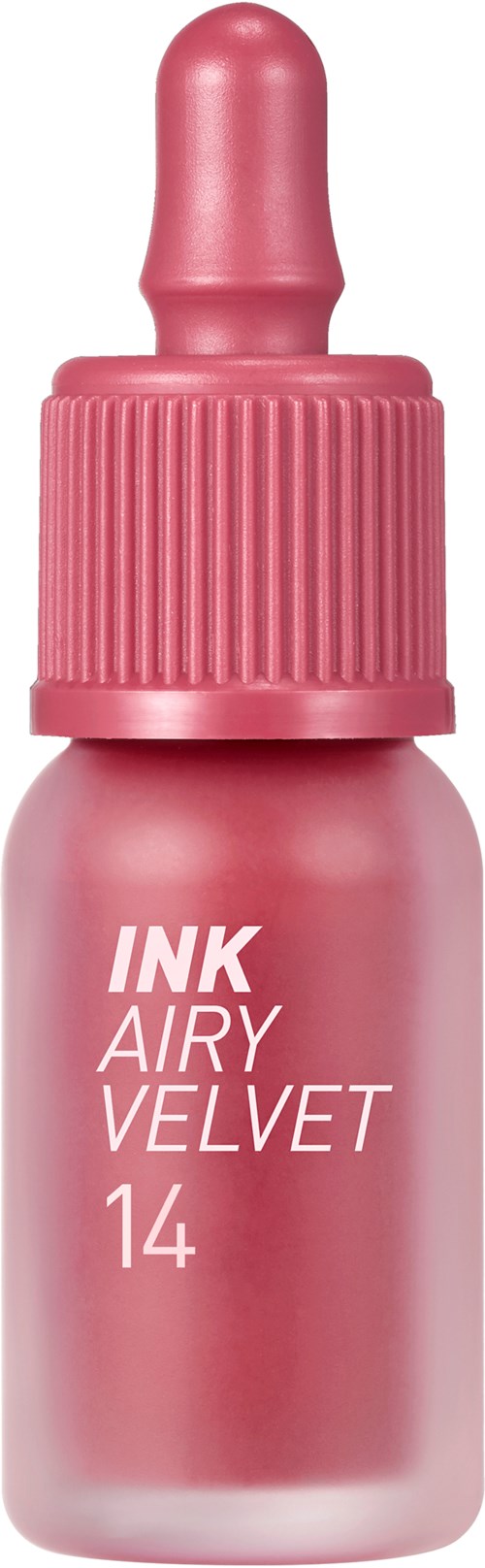 Roze inktfles met pipetdop, gemarkeerd 'INK AIRY VELVET 14'.