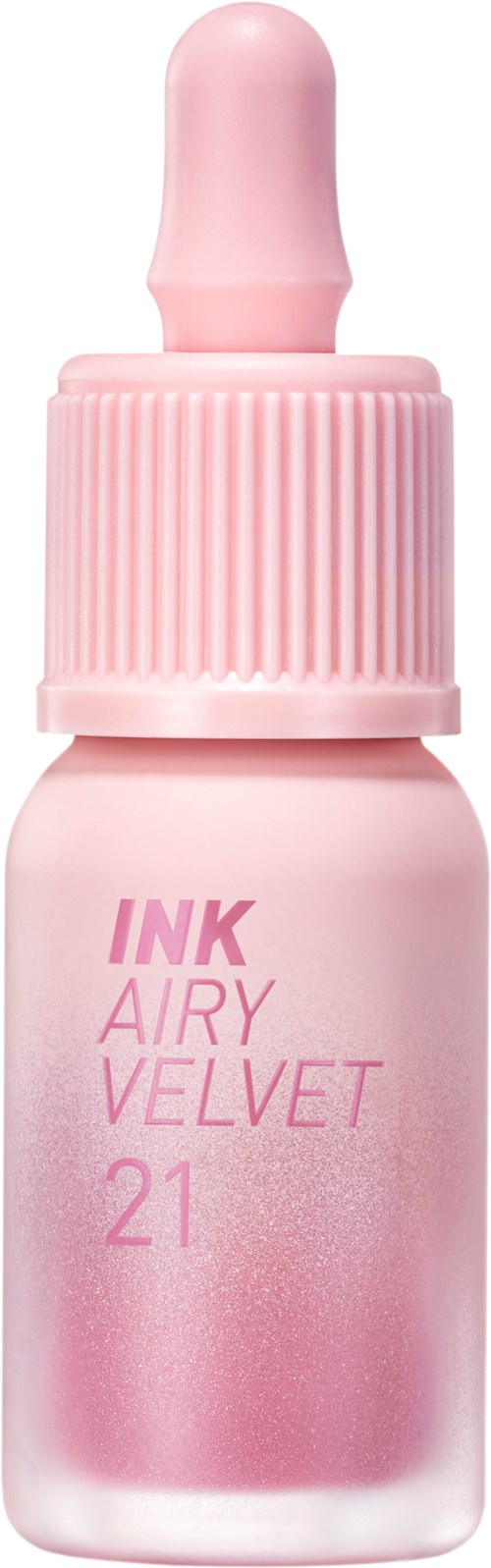 Kleine rosa Flasche mit Tropferkappe, beschriftet "INK AIRY VELVET 21," vermutlich Nagellack.