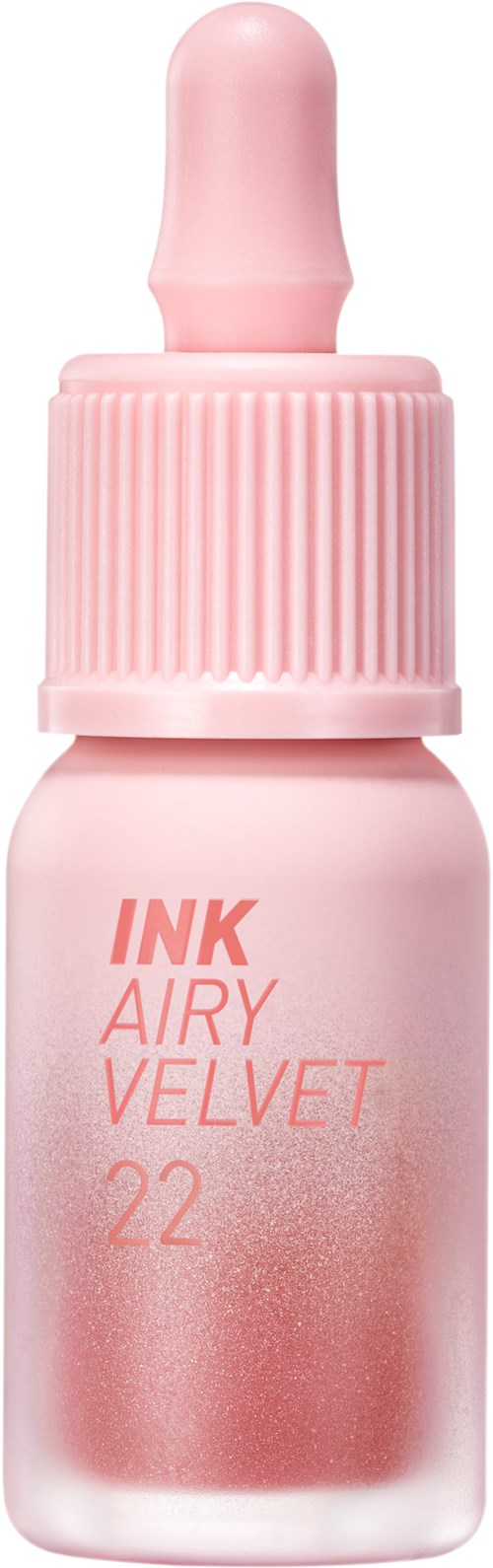 Kleine rosa Nagellackflasche mit Tropfkopf, beschriftet mit 'INK AIRY VELVET 22'.