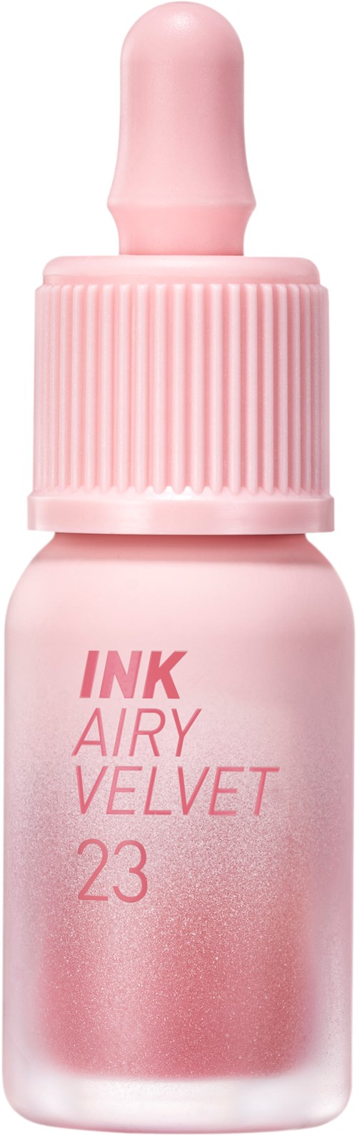 Kleine rosa Nagellackflasche mit Tropfengeber, beschriftet "INK AIRY VELVET 23."
