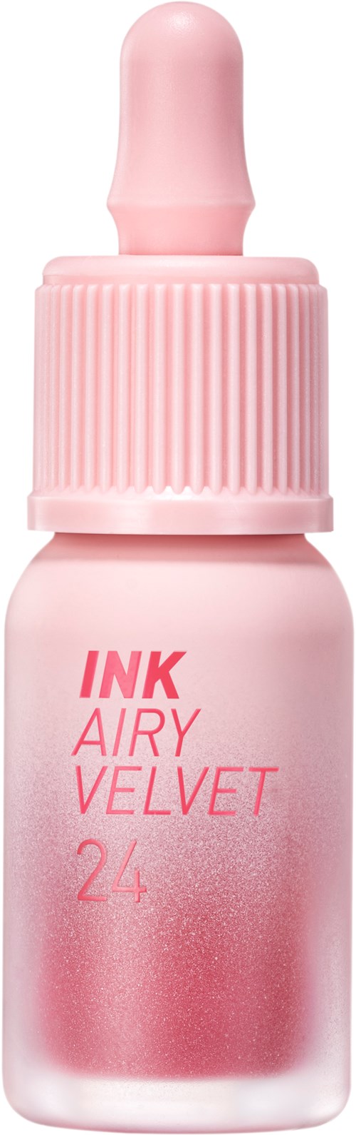 Pinkfarbene Flasche mit Tropfer, beschriftet 'INK AIRY VELVET 24,' wahrscheinlich Make-up- oder Kosmetikprodukt.