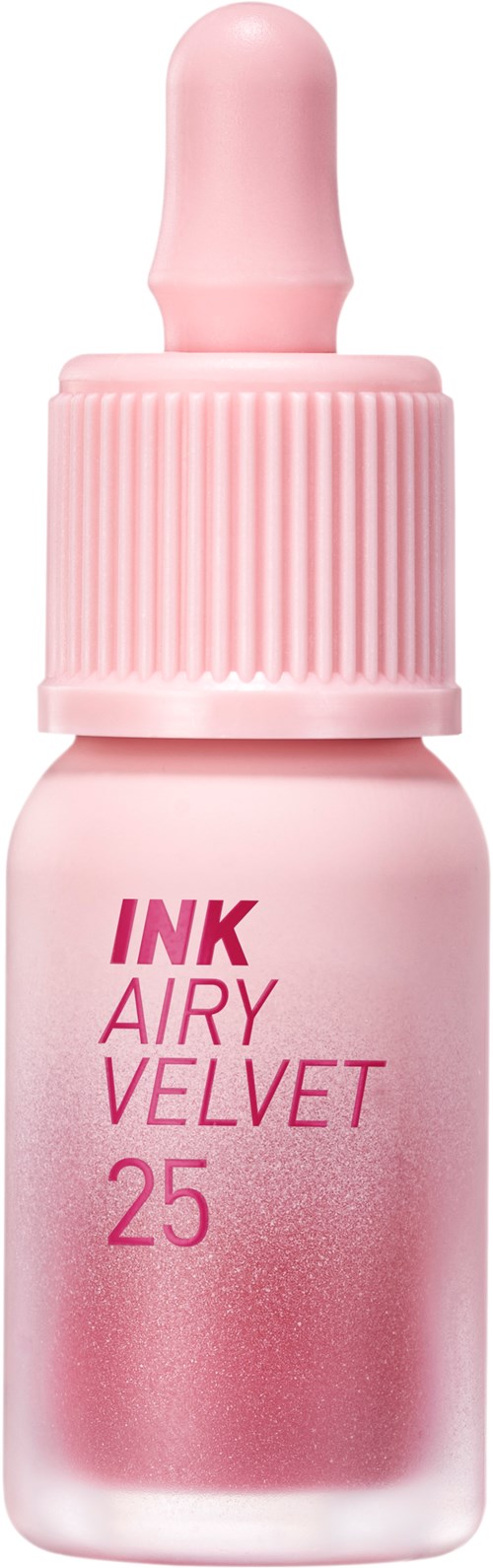 Eine pinke Flasche mit Pipette, beschriftet "INK AIRY VELVET 25" für Make-up oder Hautpflege.