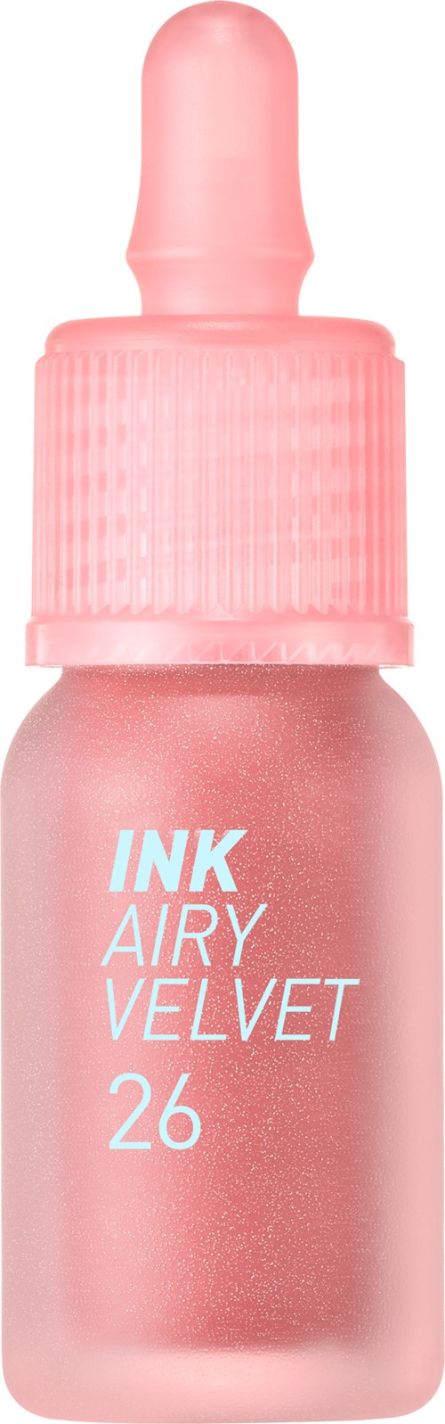 Rosa Flasche mit Pipette, beschriftet 'INK AIRY VELVET 26,' wahrscheinlich ein Kosmetika.