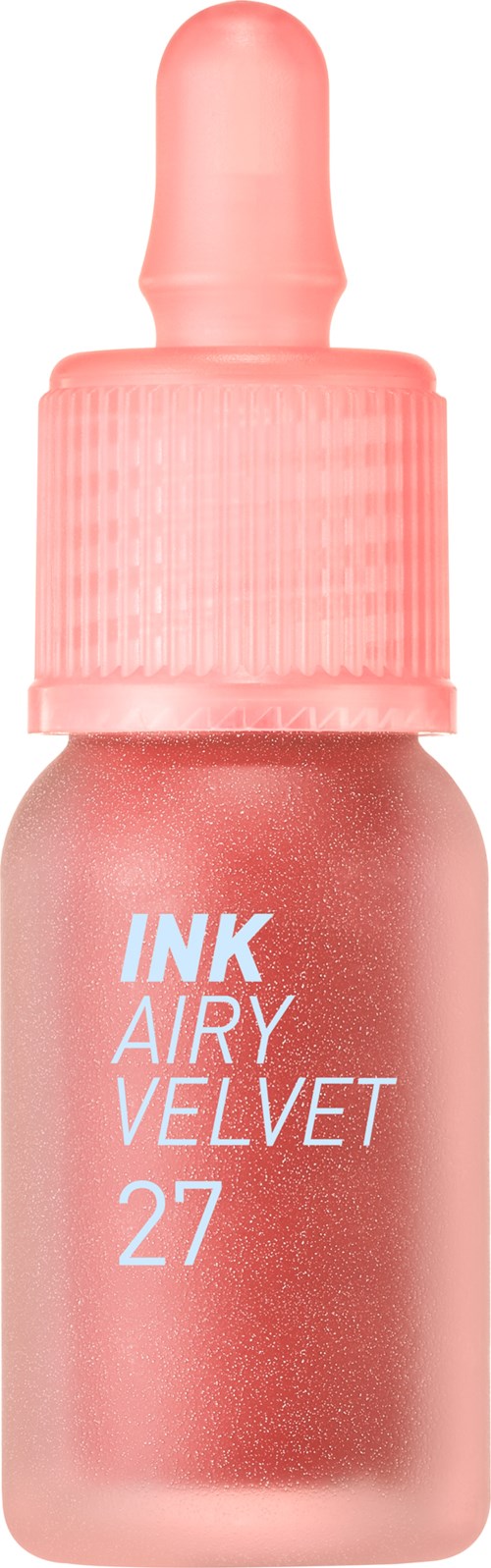 Een klein roze flesje met pipetdop, gemarkeerd 'INK AIRY VELVET 27', waarschijnlijk een schoonheidsproduct.