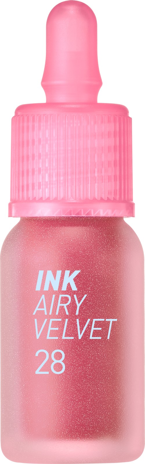 Eine pinke Flasche mit Tropfenverschluss, beschriftet "INK AIRY VELVET 28." Es sieht nach einem Kosmetikprodukt aus.