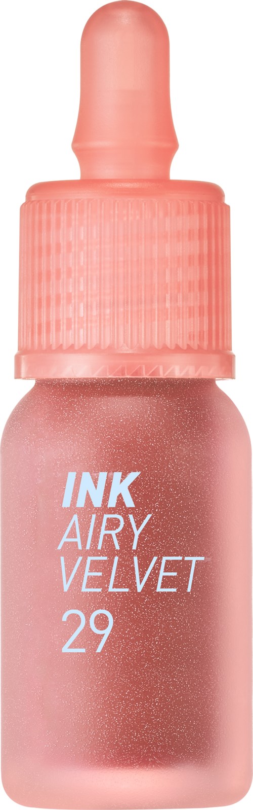 Roze fles met druppelaar, gelabeld 'INK AIRY VELVET 29'. Het lijkt een cosmetica- of make-upproduct.