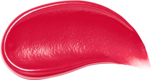Roter Lippenstiftfleck auf schwarzem Hintergrund, glänzende Textur und geschwungene Form.