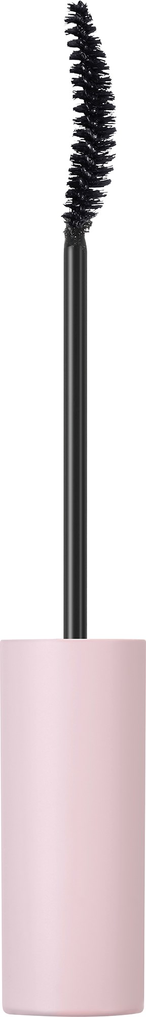 Een mascara-kef met gebogen zwarte kwast en een roze handvat.